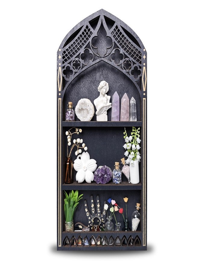 FNYDOX Gothic Window Crystal Shelf Display for Wall, Wooden Gem Stone Rock Storage Holder Trinkets Organizer, Wall Mount Stand Case Box for Witch Wiccan Decor, Spiritual Gift for Home Bedroom Living Room - Image 1